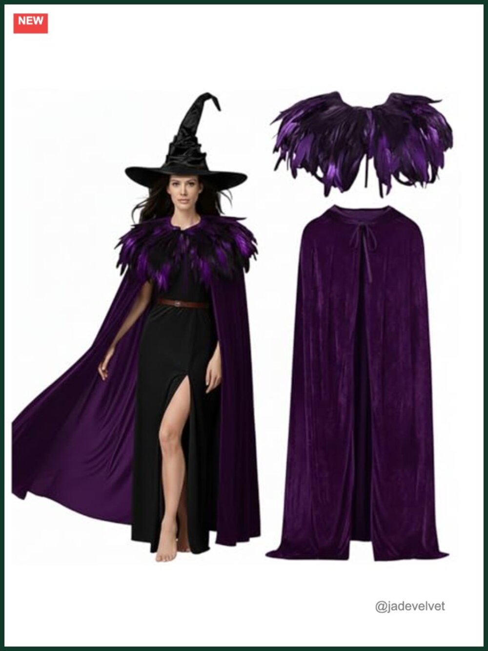 3 Pc Gothic Velvet Cape Witch Costume Set with Feather Cloak & Hat